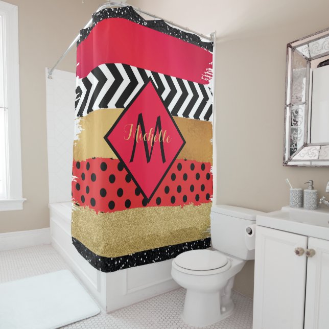 Red Black Gold Glitzer Pinselstriche Mit Monogramm Duschvorhang (Beispiel)