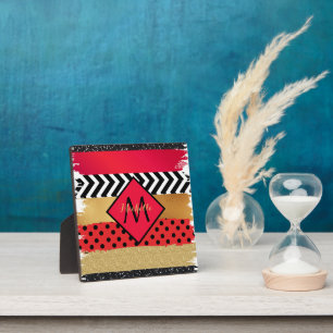 Red Black Gold Glitzer Pinselstriche Mit Monogramm Fotoplatte