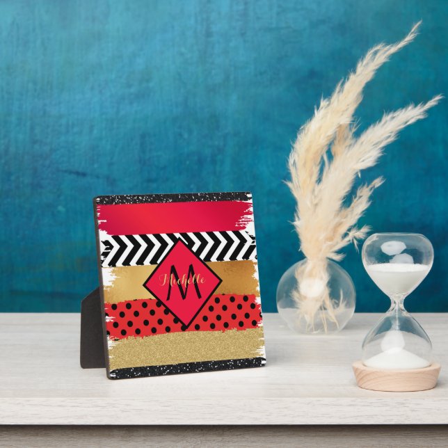 Red Black Gold Glitzer Pinselstriche Mit Monogramm Fotoplatte (InSitu)