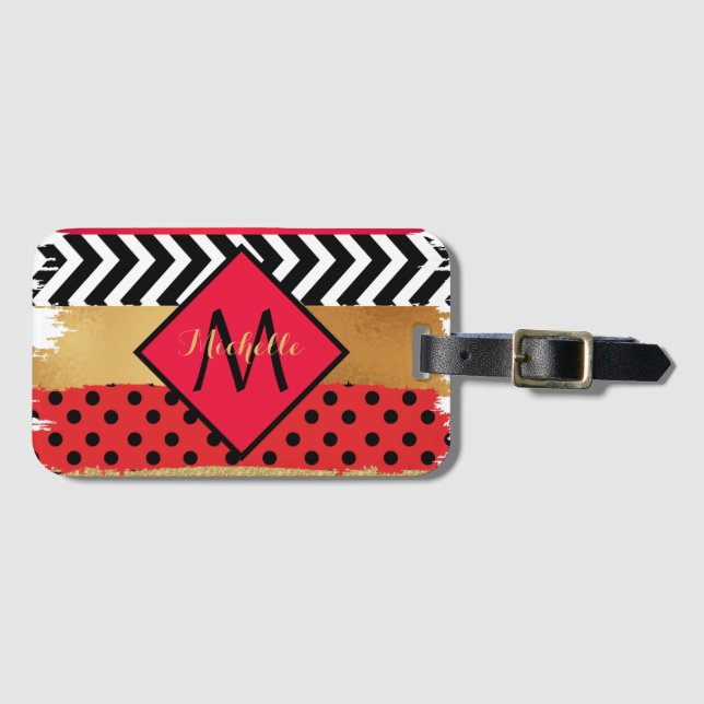Red Black Gold Glitzer Pinselstriche Mit Monogramm Gepäckanhänger (Vorderseite (Horizontal))