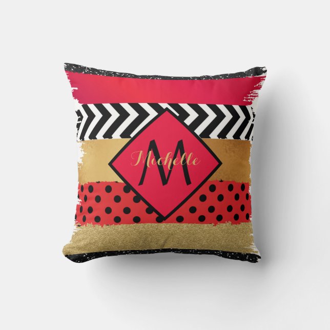 Red Black Gold Glitzer Pinselstriche Mit Monogramm Kissen (Vorderseite)