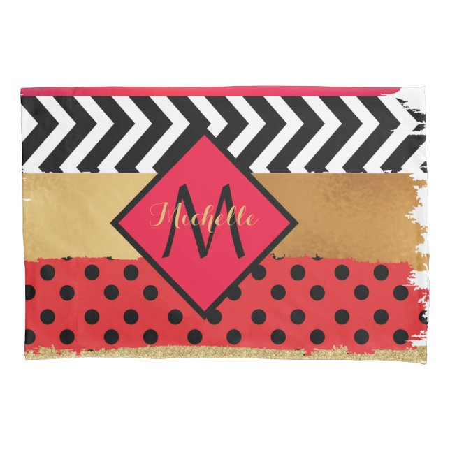 Red Black Gold Glitzer Pinselstriche Mit Monogramm Kissenbezug (Vorderseite)