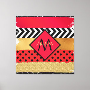 Red Black Gold Glitzer Pinselstriche Mit Monogramm Leinwanddruck
