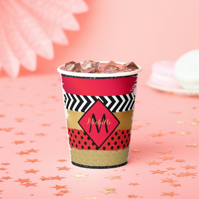 Red Black Gold Glitzer Pinselstriche Mit Monogramm Pappbecher (Insitu)