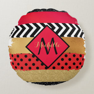 Red Black Gold Glitzer Pinselstriche Mit Monogramm Rundes Kissen