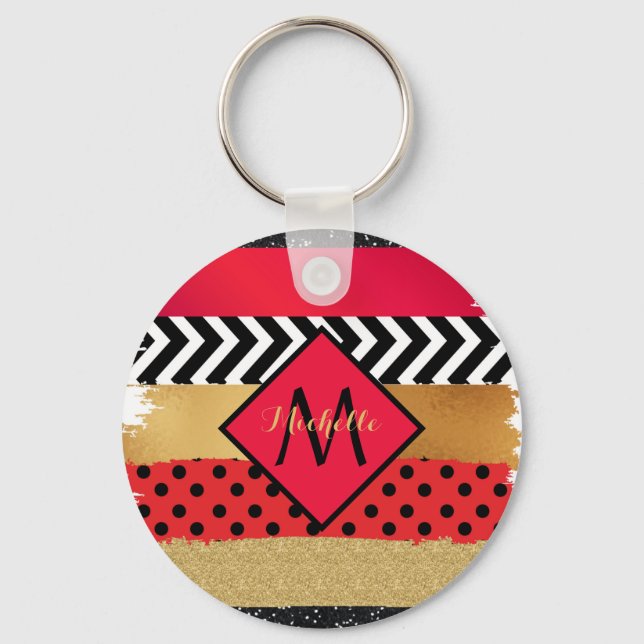 Red Black Gold Glitzer Pinselstriche Mit Monogramm Schlüsselanhänger (Vorderseite)