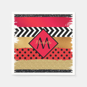 Red Black Gold Glitzer Pinselstriche Mit Monogramm Serviette