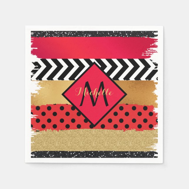 Red Black Gold Glitzer Pinselstriche Mit Monogramm Serviette (Vorderseite)