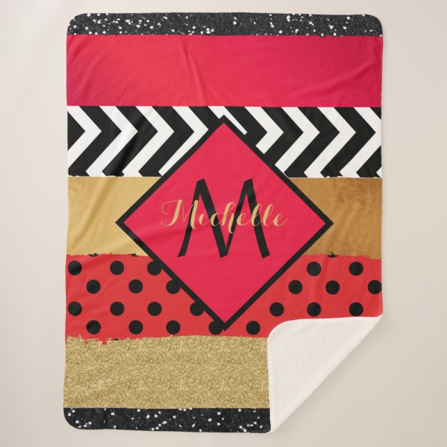 Red Black Gold Glitzer Pinselstriche Mit Monogramm Sherpadecke (Vorderseite)