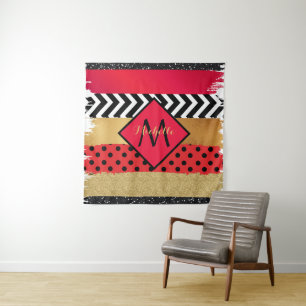 Red Black Gold Glitzer Pinselstriche Mit Monogramm Wandteppich