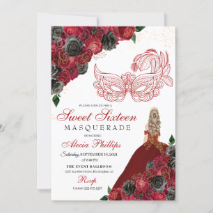 Red Black Gold Glitzer Sweet 16 Masquerade Einladung