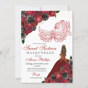 Red Black Gold Glitzer Sweet 16 Masquerade Einladung