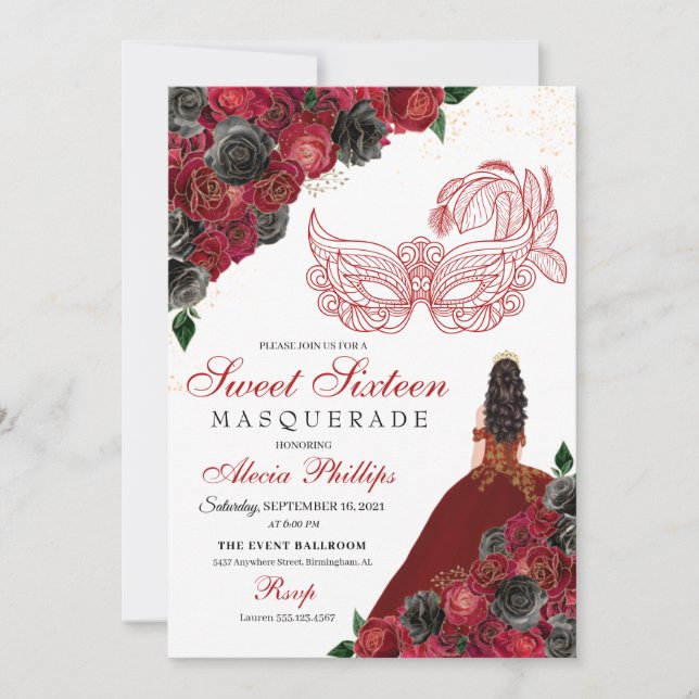 Red Black Gold Glitzer Sweet 16 Masquerade Einladung (Vorderseite)