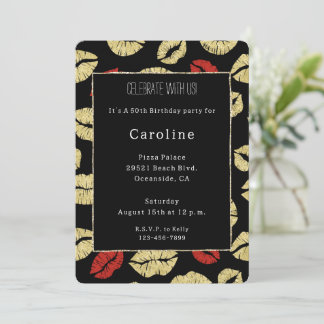 Red Black Gold Lips 50. Geburtstag Einladung