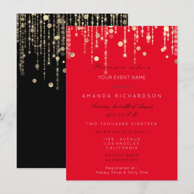 Red Black Gold Tropfen Birthday Brautparty Einladung (Vorne/Hinten)