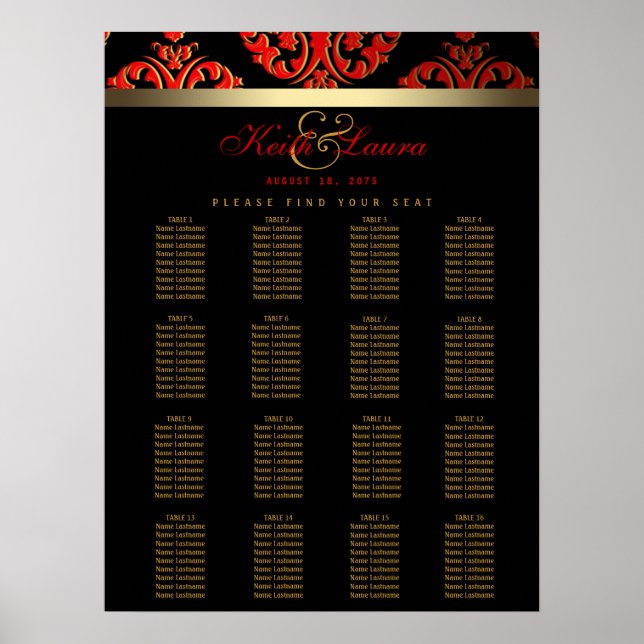 Red Black Gold Wedding Seating Chart Poster (Vorne)