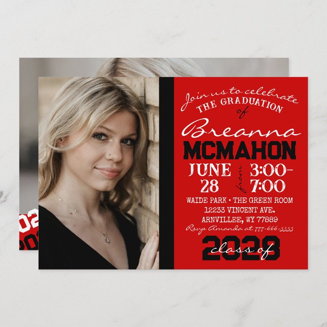 Red & Black Graduation 2 Invitation photo ( Repeating Class Year 1 & 2 Photo Graduation Invitations & Announcements)