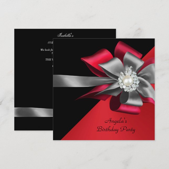 Red Black Gray Silver Bow Pearl Birthday Party Einladung (Vorne/Hinten)