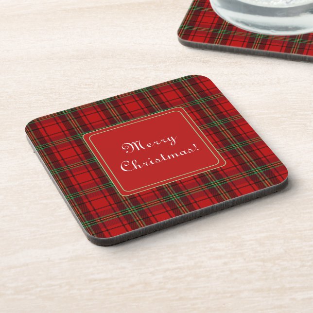 Red Black Green Cosy Plaid Frohe Weihnachten Getränkeuntersetzer (Linke Seite)
