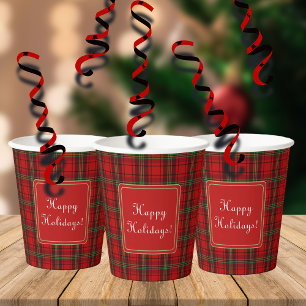 Red Black Green gemütliche Plaid Happy Holidays Pappbecher