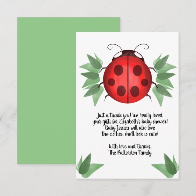 Red Black Green Ladybug Watercolor Babydusche Dankeskarte (Vorne/Hinten)
