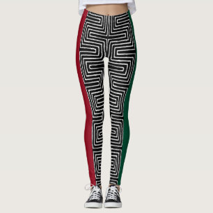 Red Black Green Maze African Mud Cloud Leggings