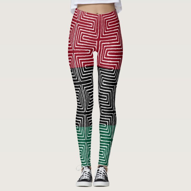 Red Black Green Maze African Mud Cloud Leggings (Vorderseite)
