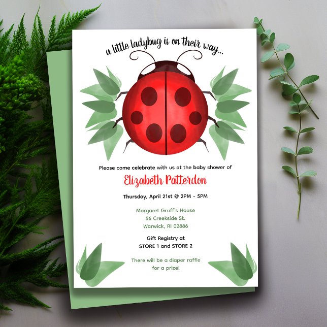 Red, Black, Green Watercolor Ladybug Babydusche Einladung (Watercolor Ladybug Baby Shower Invitation)