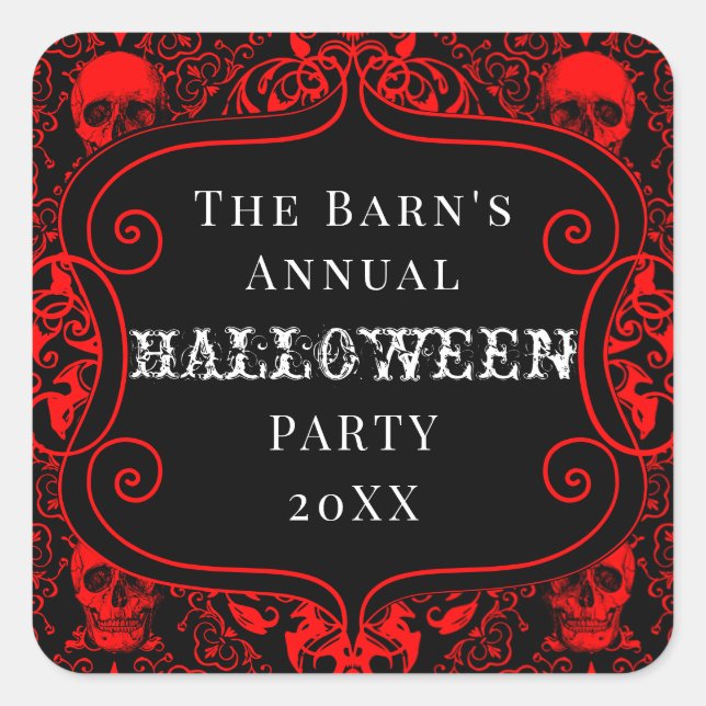 Red Black Halloween Damask Skull Gothic Custom Quadratischer Aufkleber (Vorderseite)
