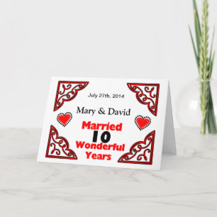 Red Black Hearts Names & Date 10 Yr Anniversary Karte