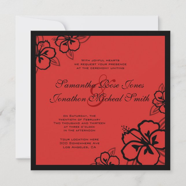 Red & Black Hibiskus Blume Custom Wedding Einladung (Vorderseite)