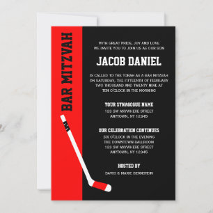 Red Black Hockey Bar Mitzvah Invitations