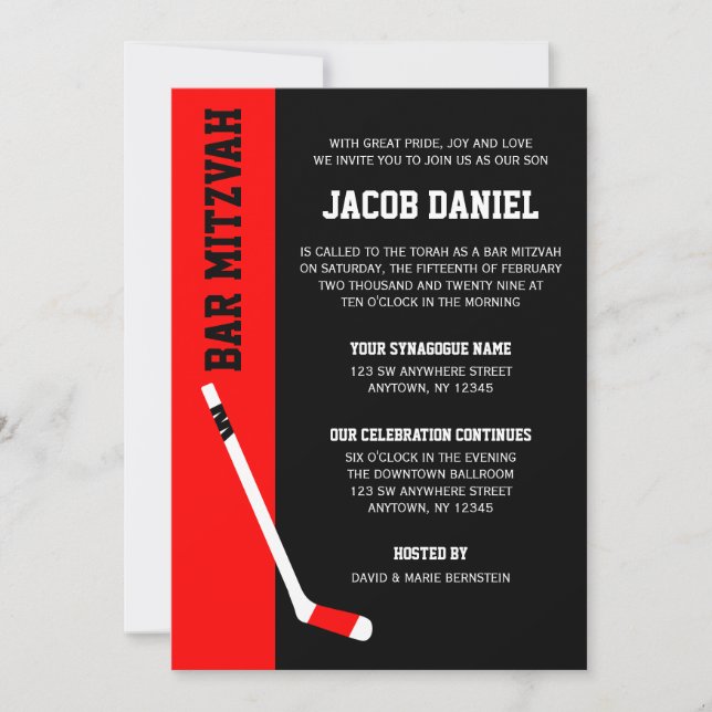 Red Black Hockey Bar Mitzvah Invitations (Devant)