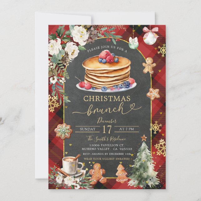 Red Black Kariert Christmas Flanel Brunch Party Einladung (Vorderseite)