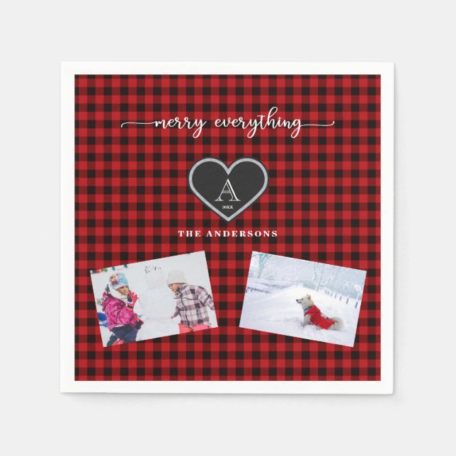Red Black Kariert Christmas Quote Monogram Foto Serviette (Vorderseite)