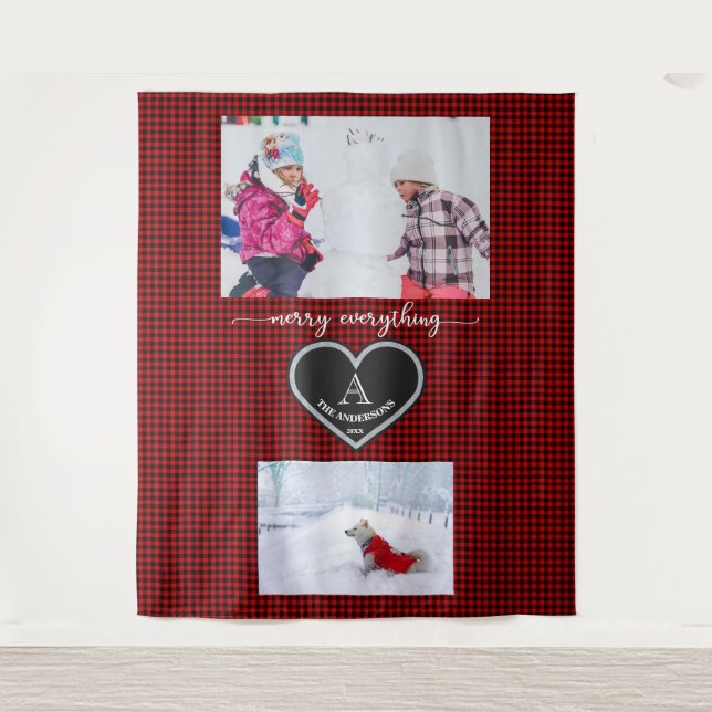 Red Black Kariert Christmas Quote Monogram Foto Wandteppich (Vorderseite)