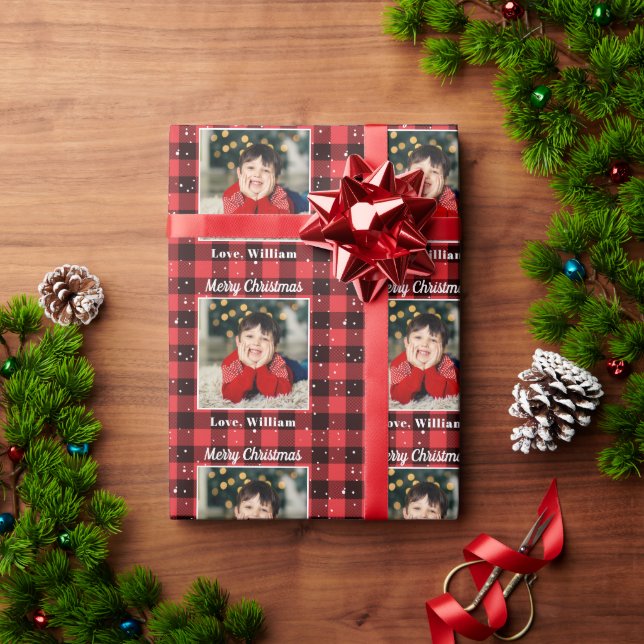 Red Black Kariert Custom Foto Christmas Holiday Geschenkpapier (Feiertagsgeschenk)