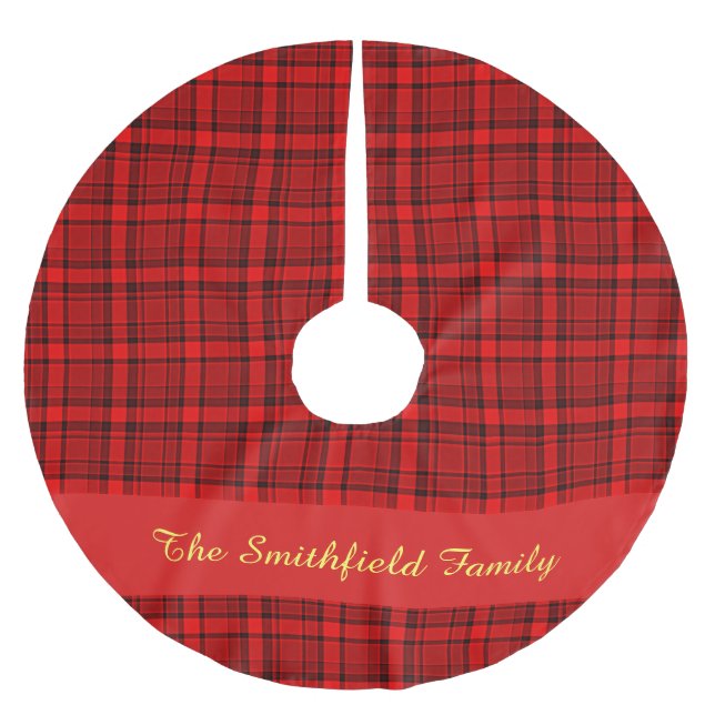 Red Black Kariert Familienname Polyester Weihnachtsbaumdecke (Vorderseite)