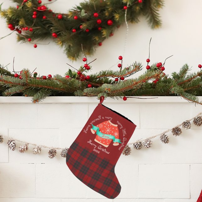 Red Black Kariert Ugly Sweater Niedlich Frohe Weih Großer Weihnachtsstrumpf (Red Black Plaid Ugly Sweater Cute Merry Christmas Large Christmas Stocking)