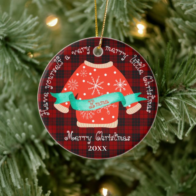 Red Black Kariert Ugly Sweater Niedlich Frohe Weih Keramik Ornament (Baum)