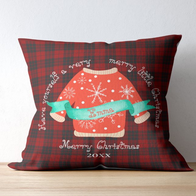 Red Black Kariert Ugly Sweater Niedlich Frohe Weih Kissen (Red Black Plaid Ugly Sweater Cute Merry Christmas Throw Pillow)