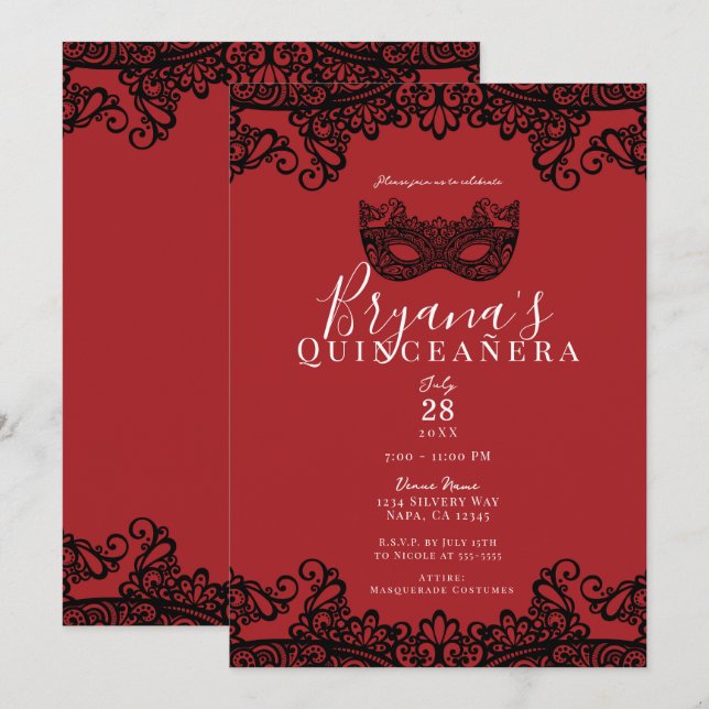 Red & Black Lace Masquerade 15 15. Quinceañera Einladung (Vorne/Hinten)
