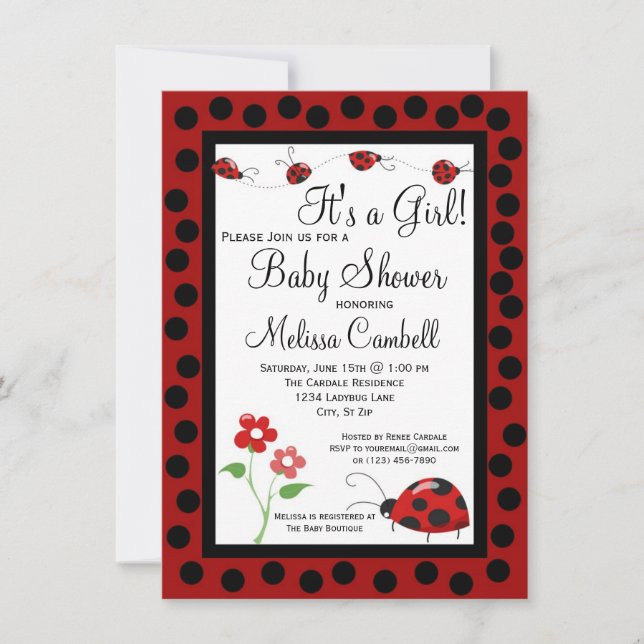 Red Black Ladybug Baby Shower Einladung Vorlage (Vorderseite)