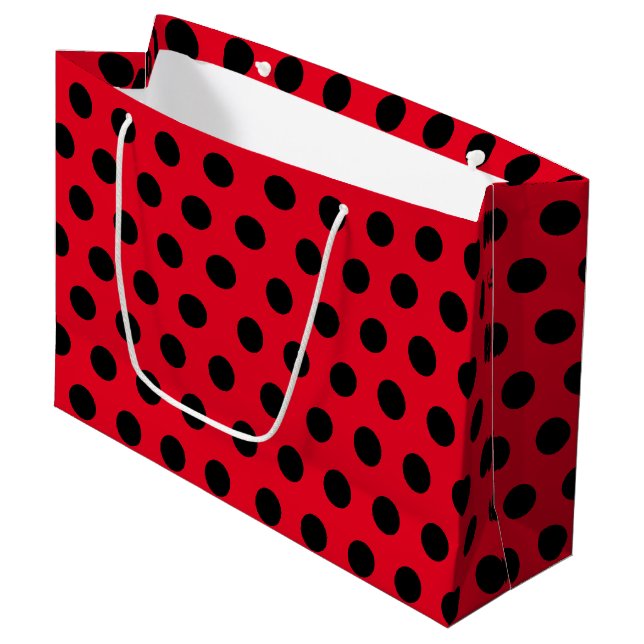 Red & Black Large Medium Polka Dot Party Große Geschenktüte (Vorderseite Schrägansicht)