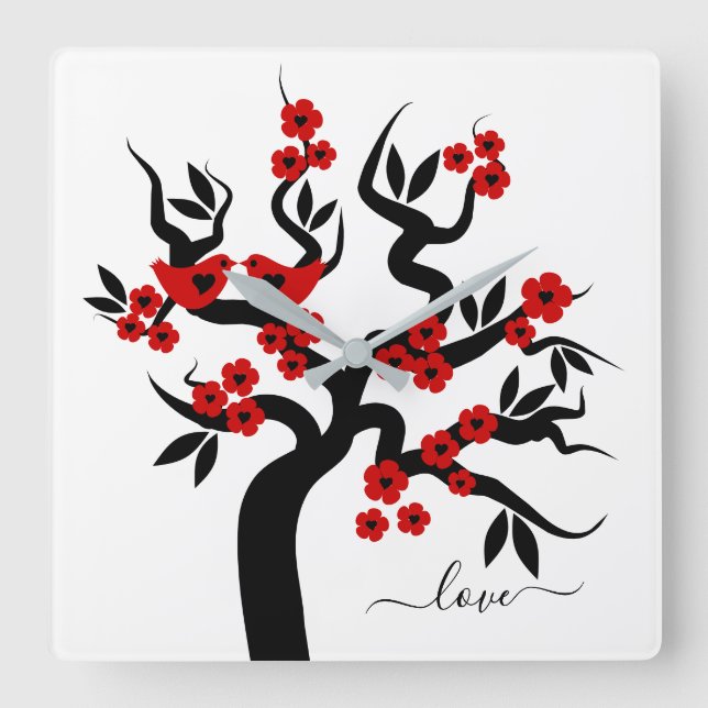 Red black Love birds sakura cherry tree & blossoms Quadratische Wanduhr (Vorderseite)