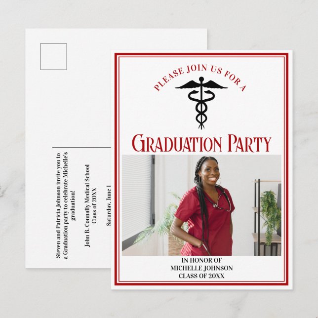Red Black Medical School Abschluss Foto Party Einladungspostkarte (Vorne/Hinten)