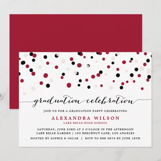 Red & Black Modern Confetti Dots Graduation Party Einladung (Vorne/Hinten)