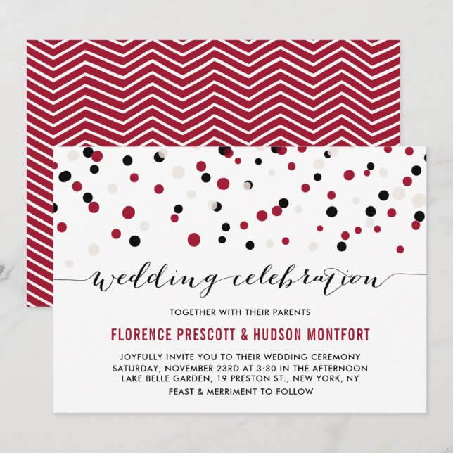 Red & Black Modern Confetti Dots Wedding Einladung (Vorne/Hinten)