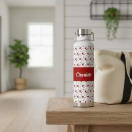 Red Black Modern Hearts Retro Monogram Name Trinkflasche
