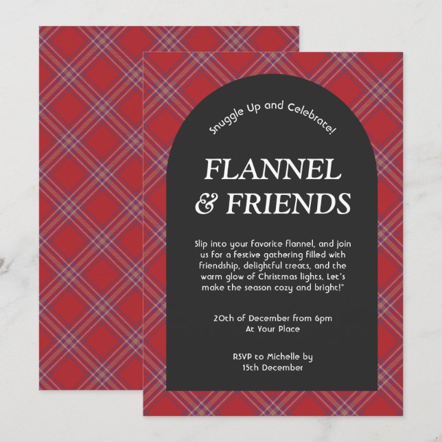 Red Black Moderne Flannel und Freunde Weihnachten Einladung (Vorne/Hinten)